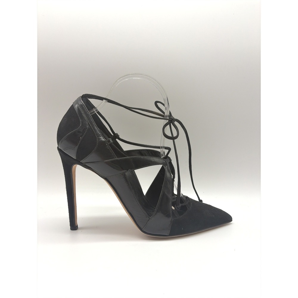 Alejandro Ingelmo Black Patent Suede Lace Up Pointed Toe Pumps Stiletto Heels 38